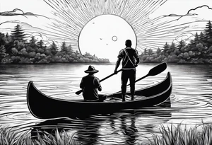 pictured from behind, average sized man with his arms fully extended straight out from chest level, standing on top of modestly sized canoe on the water with a sun above his head. tattoo idea