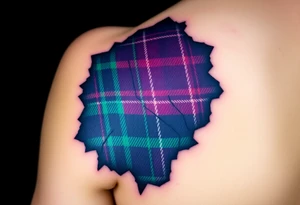 Dark Purple with green pink blue and white highlights tartan fabric on bicep with skin shedding away to reveal tartan underneath tattoo idea
