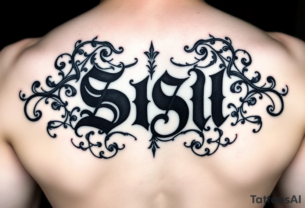 'SISU' in bold Blackletter/Chicano script with deep black shading. Surrounded by ornate gangster-style filigree in black and grey realism, with fine-line details and smooth shading for depth tattoo idea