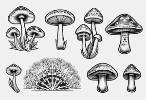 mushrooms, book, mandala tattoo idea
