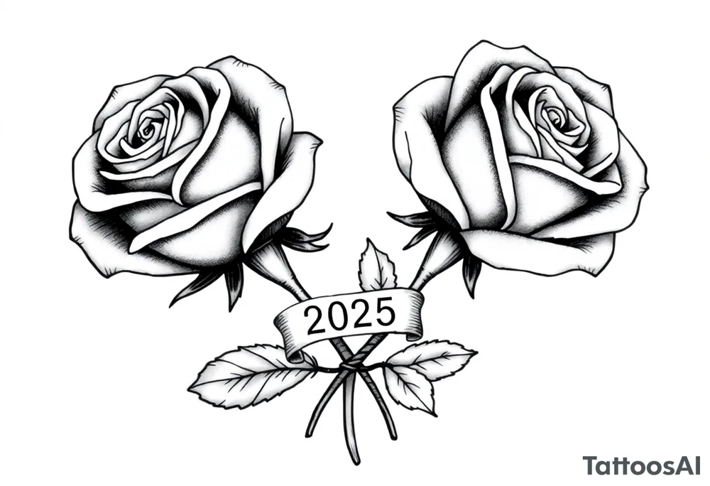 two big beautiful roses with their stems intertwined, with a small banner with "2025" on it, tying them together tattoo idea