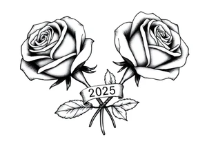 two big beautiful roses with their stems intertwined, with a small banner with "2025" on it, tying them together tattoo idea