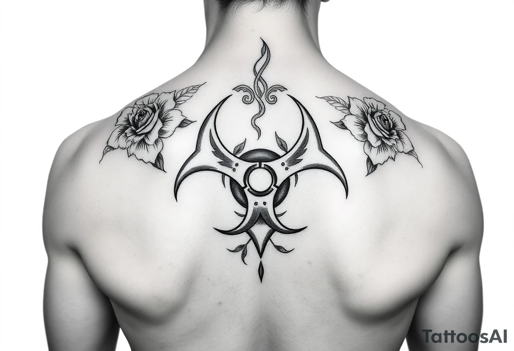 floral biohazard symbol in old school style black ink tattoo idea