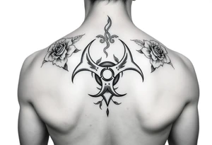 floral biohazard symbol in old school style black ink tattoo idea
