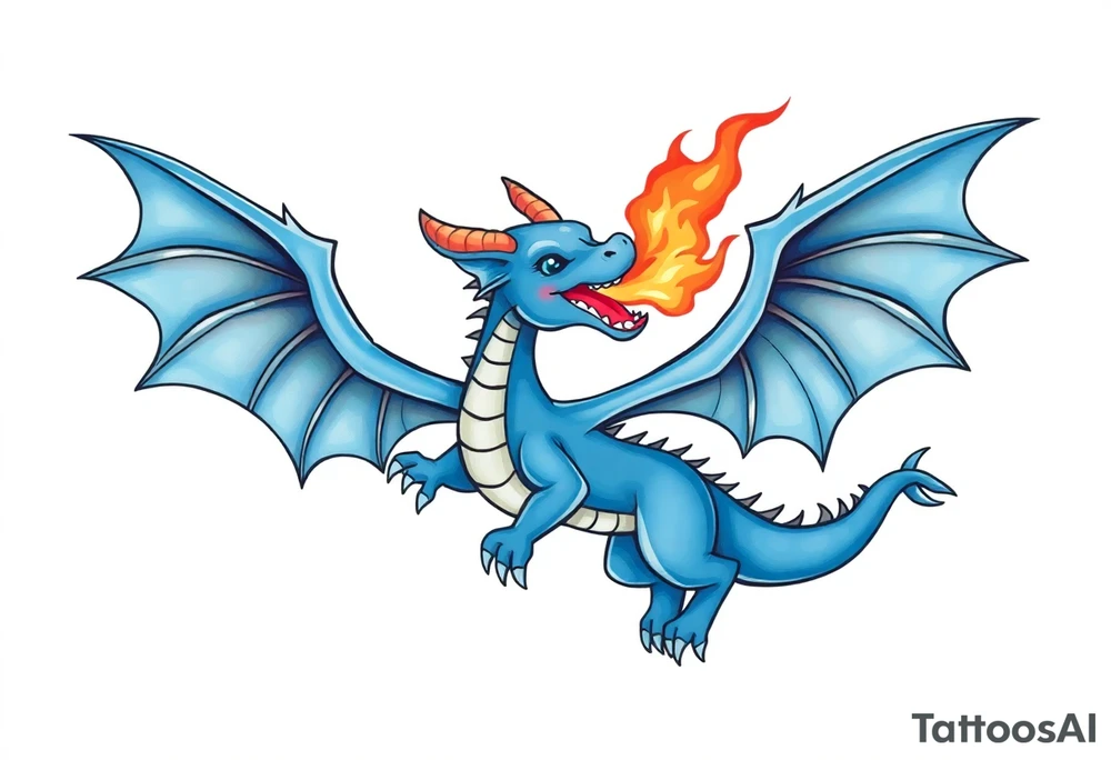 Blue fire breathing dragon with wings spread tattoo idea