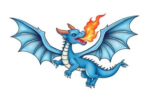 Blue fire breathing dragon with wings spread tattoo idea