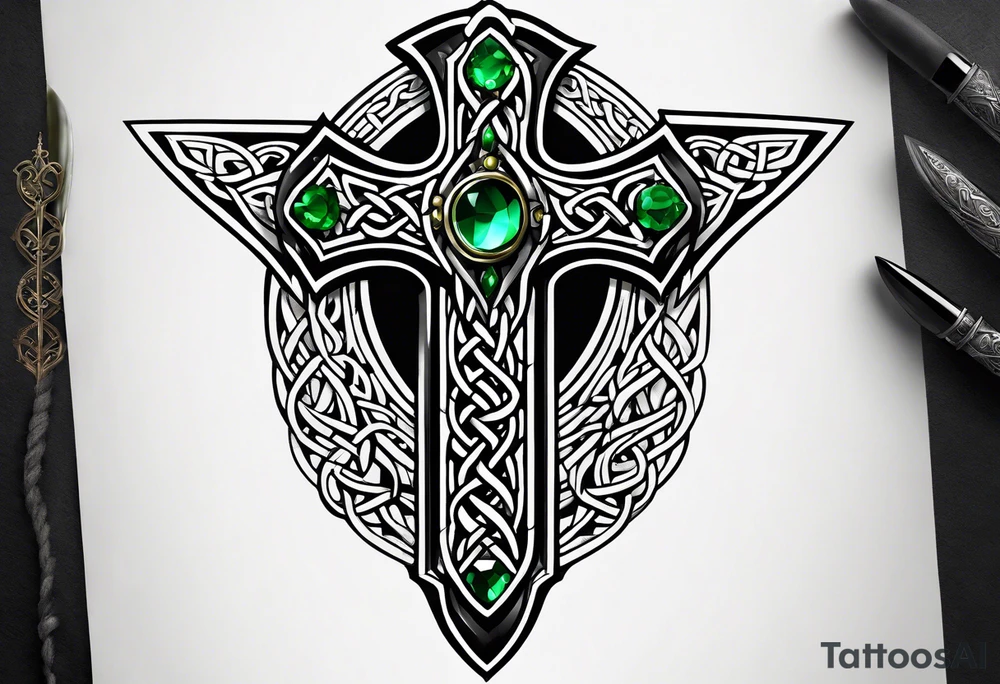 A Celtic dagger with an oak hilt turned upright and emerald gemstones on it tattoo idea