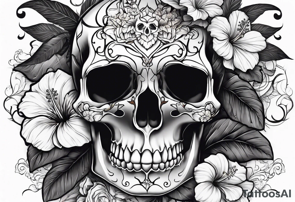 a full female skeleton with hibiscus flower. tattoo idea