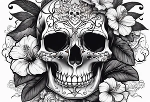 a full female skeleton with hibiscus flower. tattoo idea