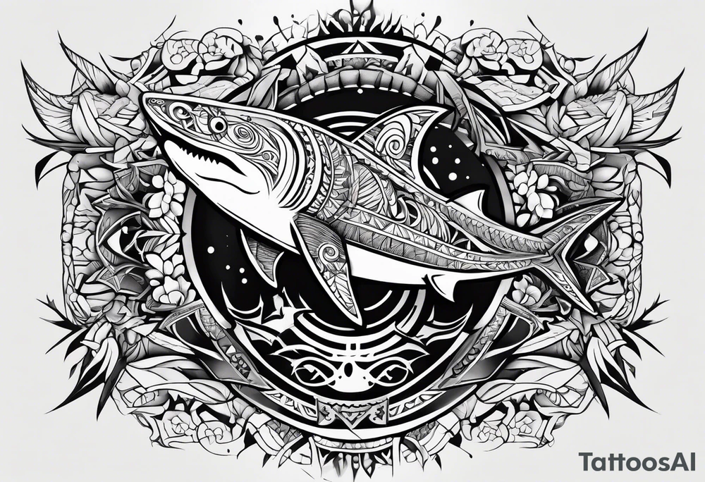Warp tattoo above the knee, using Polynesian style including shark teeth arrows manta ray hammerhead shark tattoo idea
