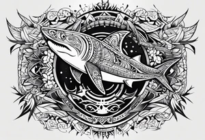Warp tattoo above the knee, using Polynesian style including shark teeth arrows manta ray hammerhead shark tattoo idea