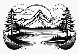 Design a symmetrical tattoo featuring a serene mountain landscape with a winding river and delicate trees, creating a balanced and harmonious composition tattoo idea