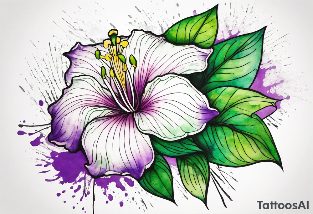 An outline of a rio dipladenia flower with a green/purple watercolor splash in the background tattoo idea