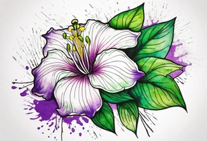 An outline of a rio dipladenia flower with a green/purple watercolor splash in the background tattoo idea