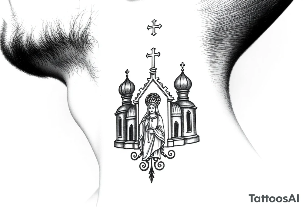 medium traditional russian orthodox church with russian coat arms and virgin mary on the side of your neck tattoo idea