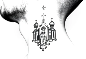 medium traditional russian orthodox church with russian coat arms and virgin mary on the side of your neck tattoo idea