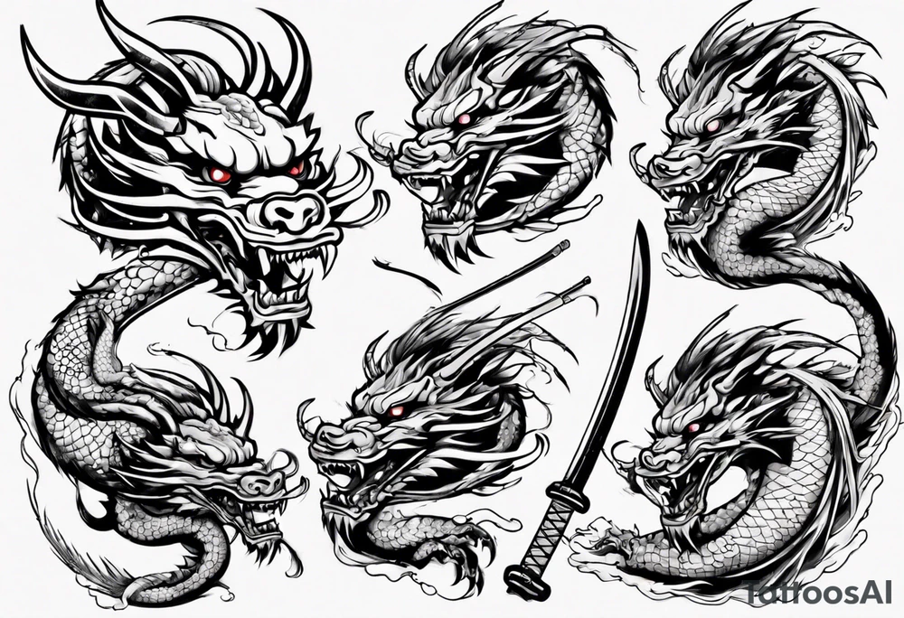 japanese dragon plays with katana tattoo idea