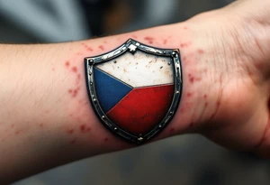 A Czech flag shield with metallic engravings, creating an antique, battle-worn effect in blue, white, and red. tattoo idea