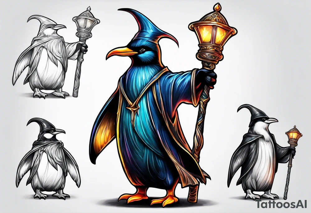 Wizard penguin holding a staff tattoo idea