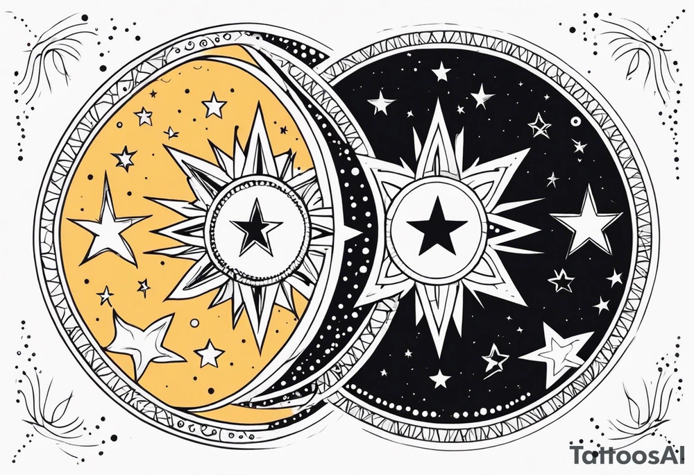 Western sun stars and moon. Mirrored with swirls and dots and stars tattoo idea