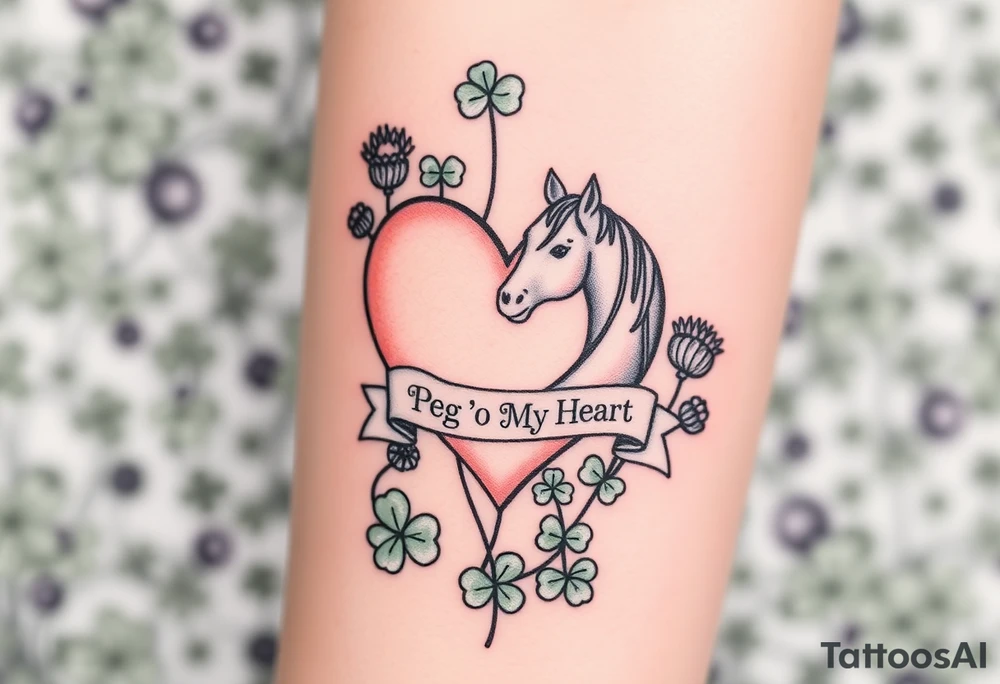 a big pale pink heart in a huge patch of green shamrocks, and purple thistles, and a horse with a banner across the heart that says Peg 'o My Heart tattoo idea