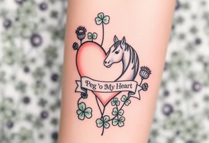 a big pale pink heart in a huge patch of green shamrocks, and purple thistles, and a horse with a banner across the heart that says Peg 'o My Heart tattoo idea