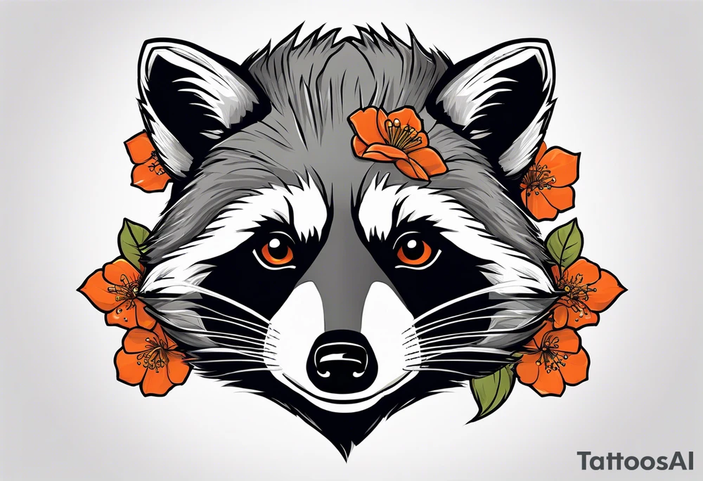 raccoon wearing a Superman hoodie with orange Japanese cherry blossoms tattoo idea