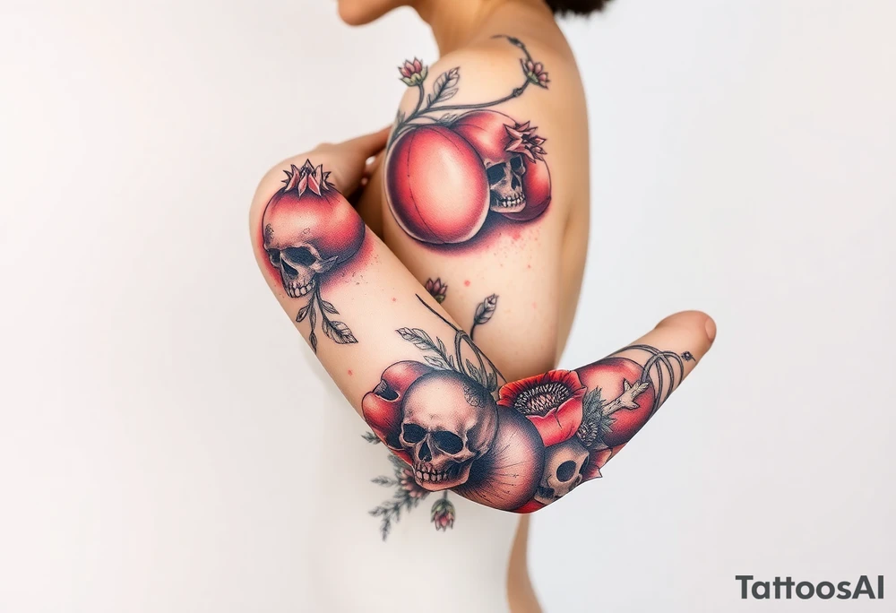 Pomegranate and skulls with female samurai tattoo idea