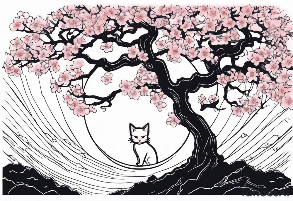 cherry blossom branch meeting with a dying pine tree with hidden cute demon cat tattoo idea
