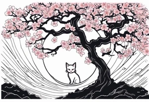 cherry blossom branch meeting with a dying pine tree with hidden cute demon cat tattoo idea