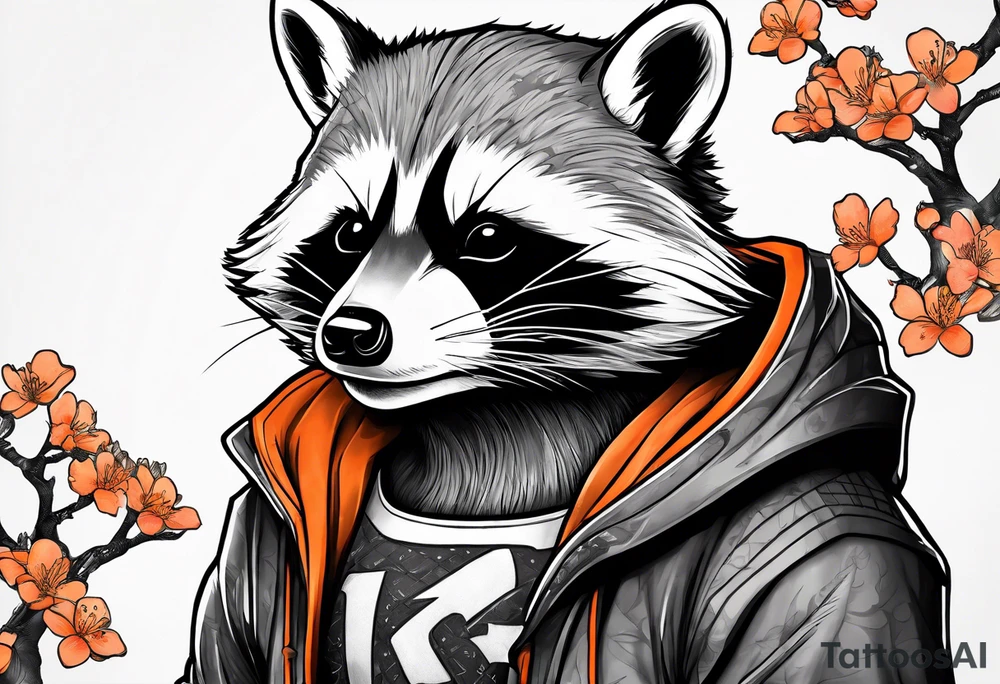 raccoon wearing a black and white Superman hoodie and orange Japanese cherry blossoms tattoo idea