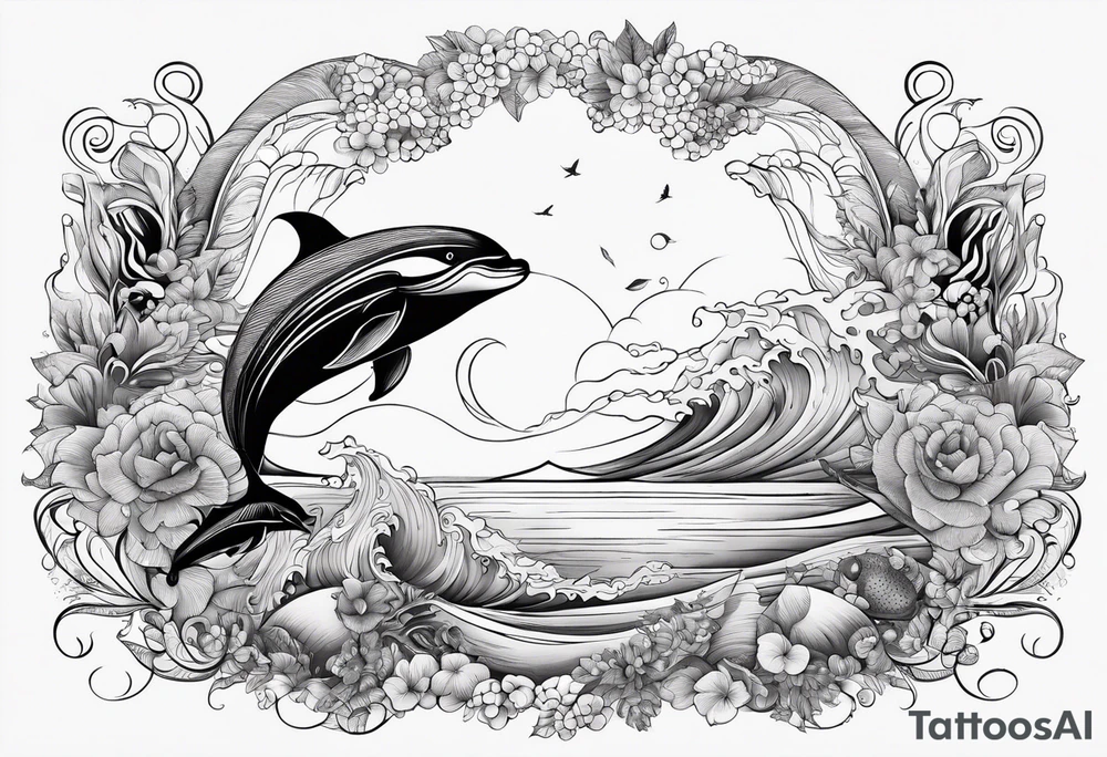 Ocean creatures feminine cascading upwards tattoo idea