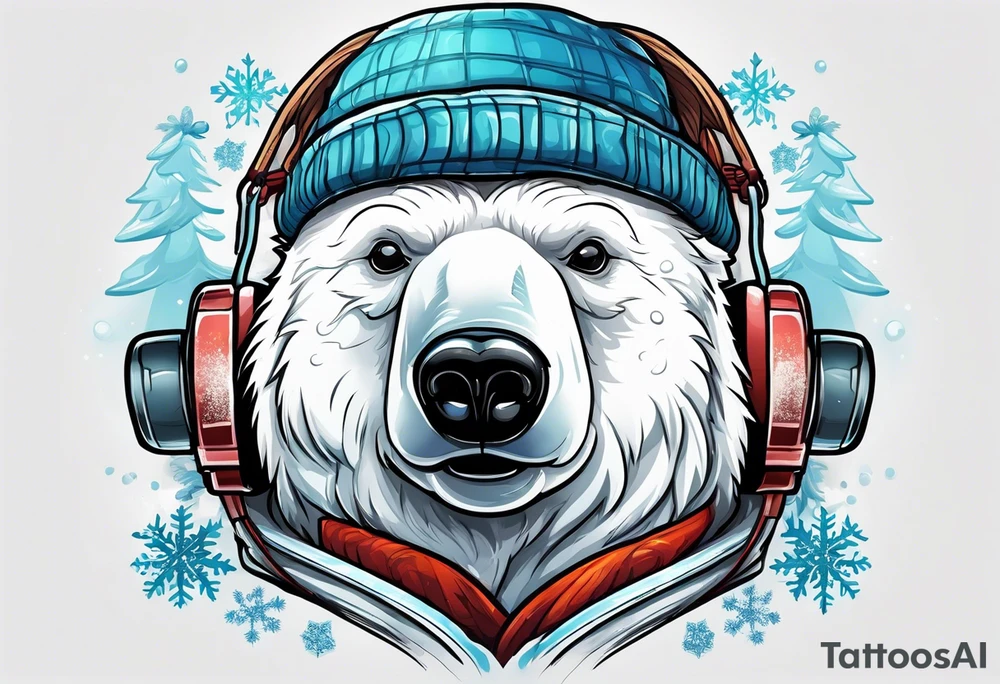 Polar bear standing up wearing a winter hat and snow goggles tattoo idea