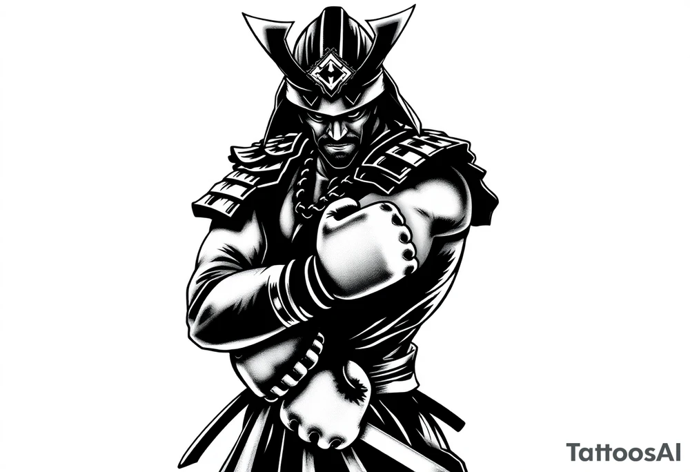 noble samurai warrior silhouette at sunset with boxing gloves tattoo idea