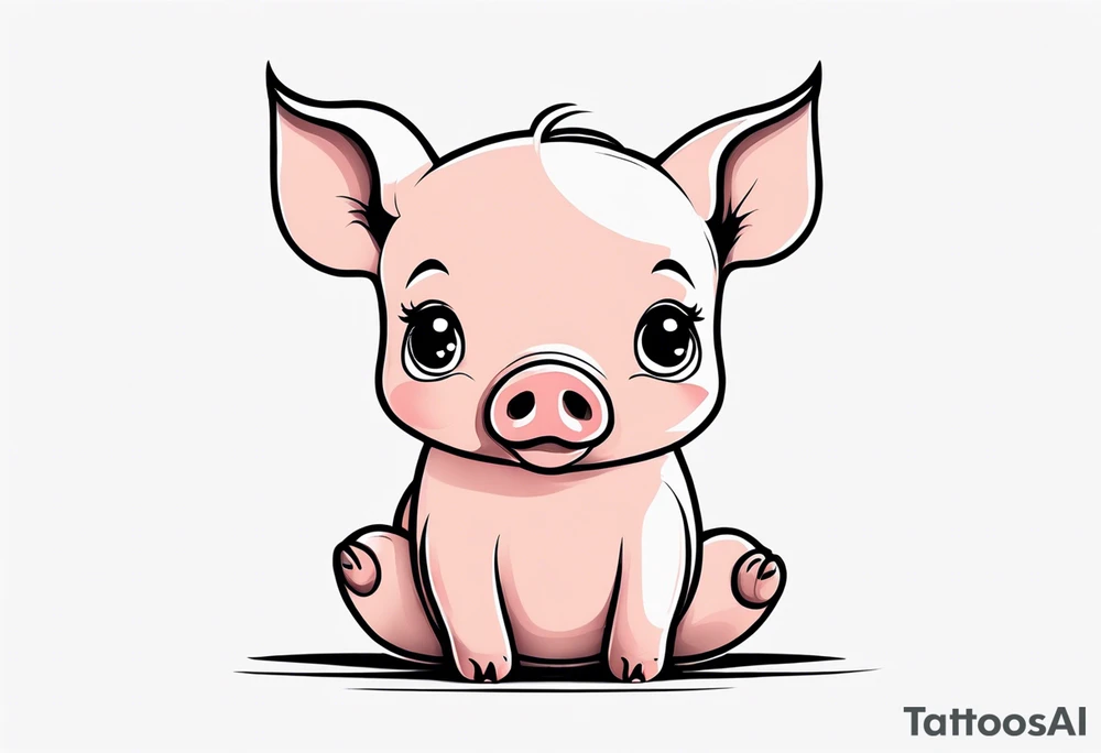 cute pig/piglet sitting on bum. big eyes, small/floppy ears. draw with very thin lines minimal shading, black and white only, with text "friends not food", white background tattoo idea