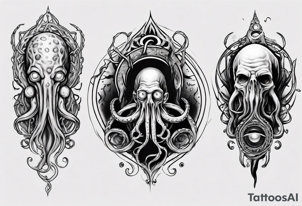 lovecraft long tattoo to put on the forearm, with eye and tentacle tattoo idea