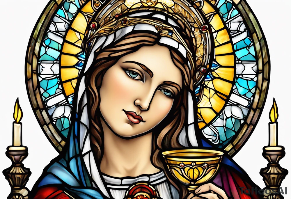 holy saint woman with halo stained glass holding a chalice tattoo idea