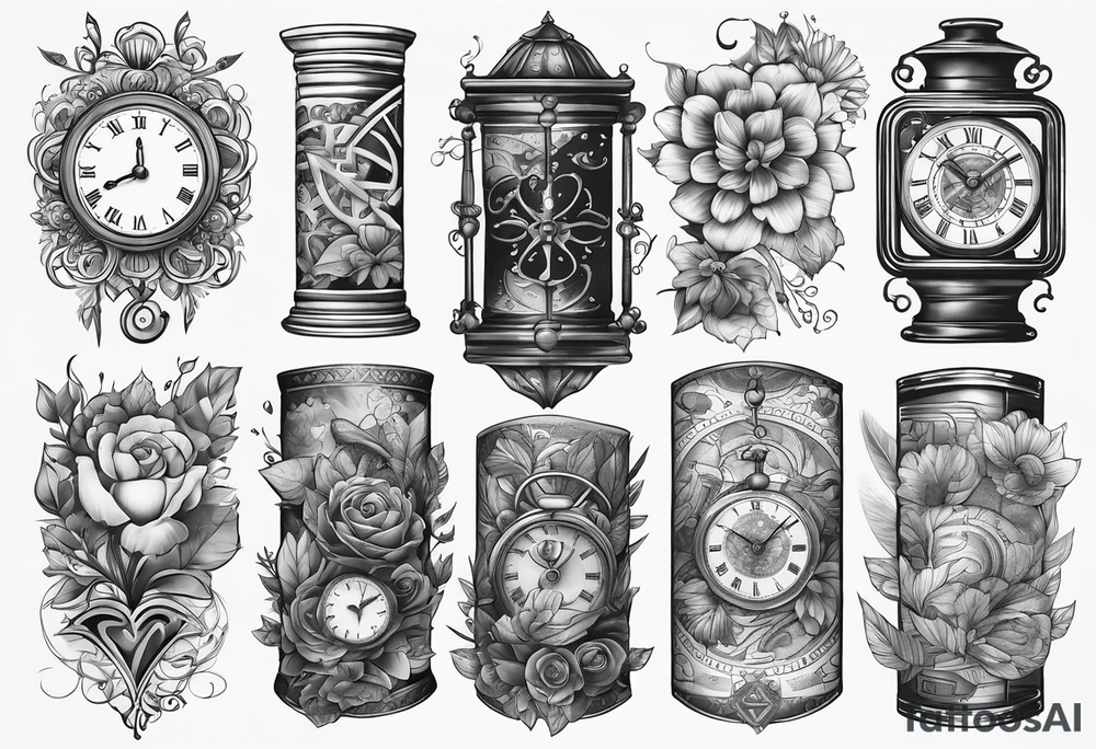 sleeve tattoo to contain the symbols family , love, health, time, money , happines tattoo idea