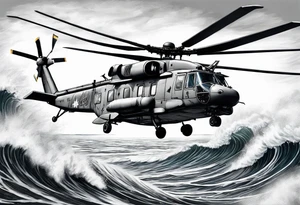 Canadian military grey CH-148 Cyclone helicopter soaring low over rough, ocean waves. In the background, a poppy be prominently displayed tattoo idea