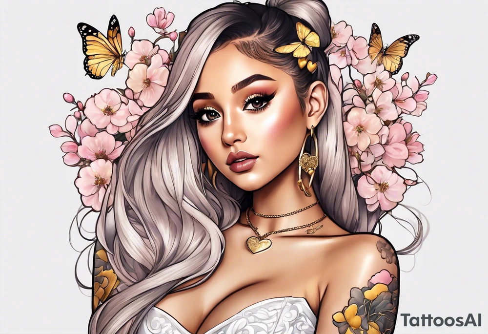 Ariana Grande surrounded in a golden aura with cherry blossoms and white butterflies with a key that unlocks a heart tattoo idea