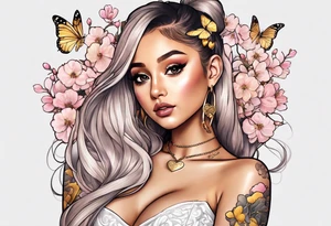 Ariana Grande surrounded in a golden aura with cherry blossoms and white butterflies with a key that unlocks a heart tattoo idea