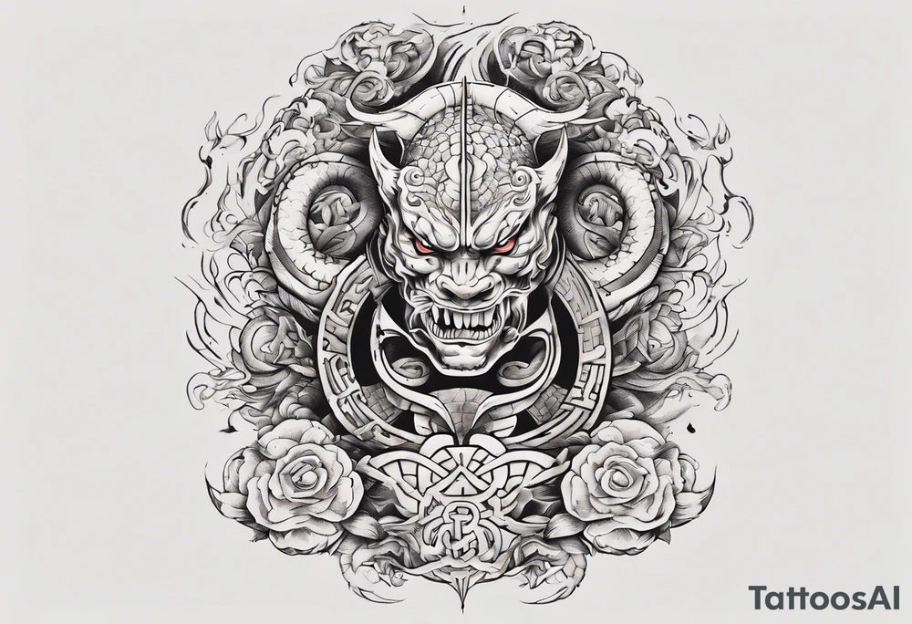 I want chest tattoo for men in japanese style . Tattoo may include some symbols from these themes : gemini , snake,compas,travel, born 1989, thailand, ukraine , listen tattoo idea