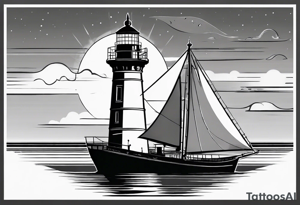 maritime lighthouse partially hidden by its large fixed sail. calm sea reflection. tattoo idea