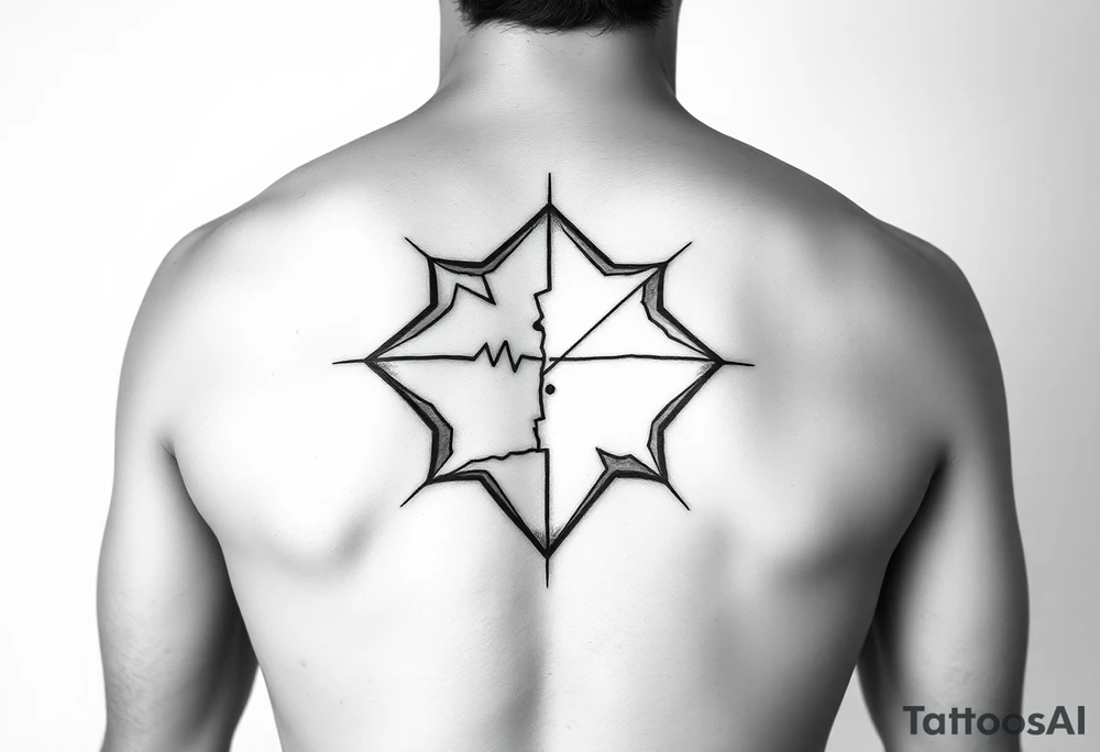 An abstract masculine tattoo featuring a fragmented geometric shape, like a cracked hexagon or shield, with asymmetrical broken pieces. Sharp angular lines radiate from the fractures, symbolizing strength emerging from brokenness. A single bold diagonal stroke crosses the shape like a heartbeat line, representing persistent love and resilience. Small fine dots near the edges add subtle detail and emotional depth. The design uses clean black lines, strong contrast, and minimalist style focusing on power and complexity. tattoo idea