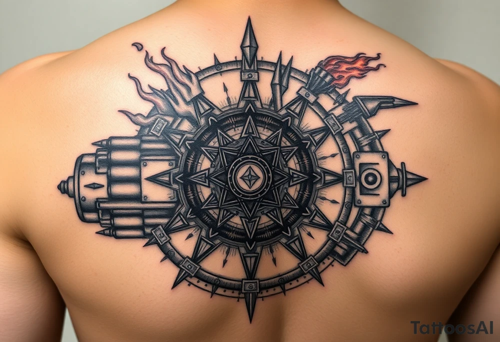 Geometric mechanical engine actively running, pistons pumping with flame/fuel, center chamber shows coal being compressed into diamond under pressure, alchemical symbols etched into the gears, steam and energy radiating outward, industrial sacred geometry, black and grey with hints of fire/orange, dynamic motion lines, upper arm tattoo, biomechanical meets sacred geometry style tattoo idea