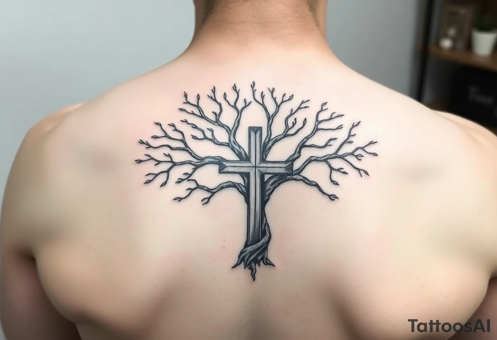 tree of life with the cross inside and some of the branches wrapping around it tattoo idea