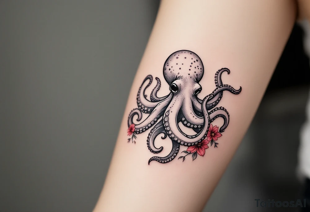 A small realistic black and grey tattoo of an octopus, cute, with detailed shading and soft linework, showing the octopus with swirling tentacles, on light skin. ornamental flowers around with red ink. The style is minimalistic and elegant, resembling fine-line tattoo with a shadow tattoo idea