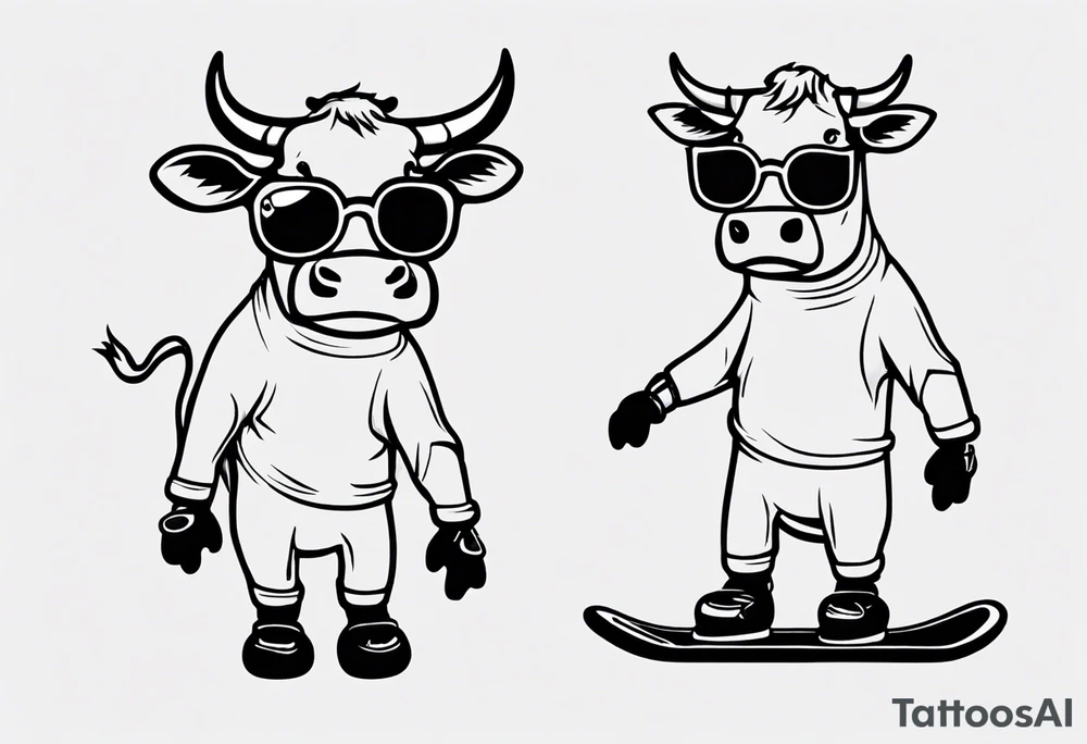 cow snowboarding wearing goggles, very simple linework tattoo idea cow snowboarding wearing goggles, very simple linework tattoo idea