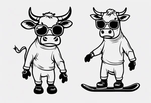 cow snowboarding wearing goggles, very simple linework tattoo idea