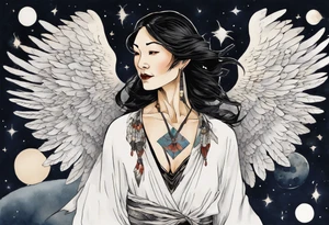 a beautiful 55 year old Dakota woman wearing a white tunic, flying in the night sky with black wings, tattoo idea